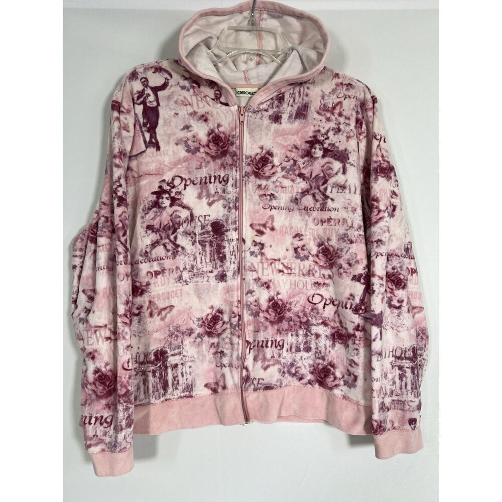 VTG Y2K Cherokee Sweater Women's XL Hoodie‎ Velour All Over Retro Print